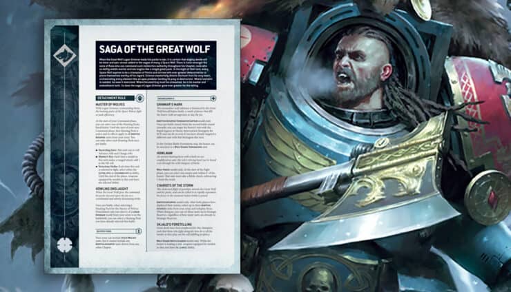 40k new saga of the great wolf space wolves detachemnt codex art in background warhammer 40k