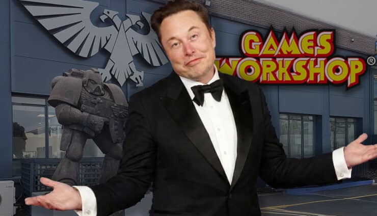 elon musk twitter x owner in front of games workshop hq shruggling