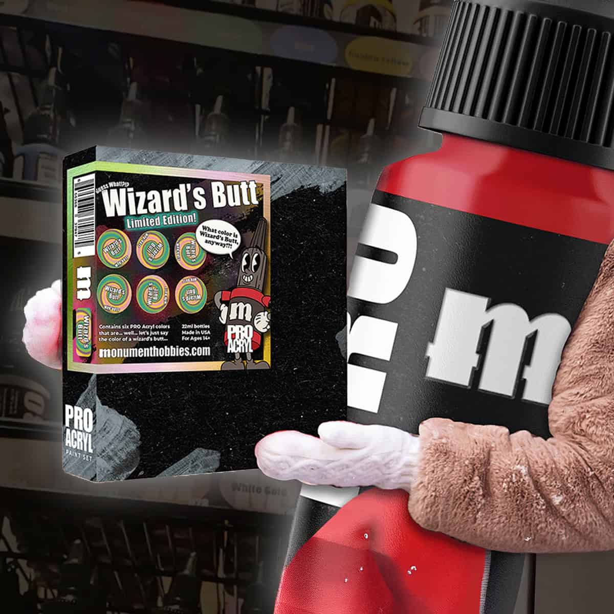 monument hobbies wizards butt product shot box and human sized paint