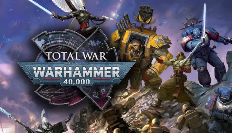 total war 40k factions fighting each other ork space marine astra militarum officer and aspect warrior