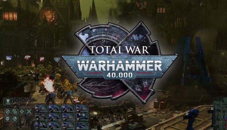 total war 40k logo with gameplay in back ground