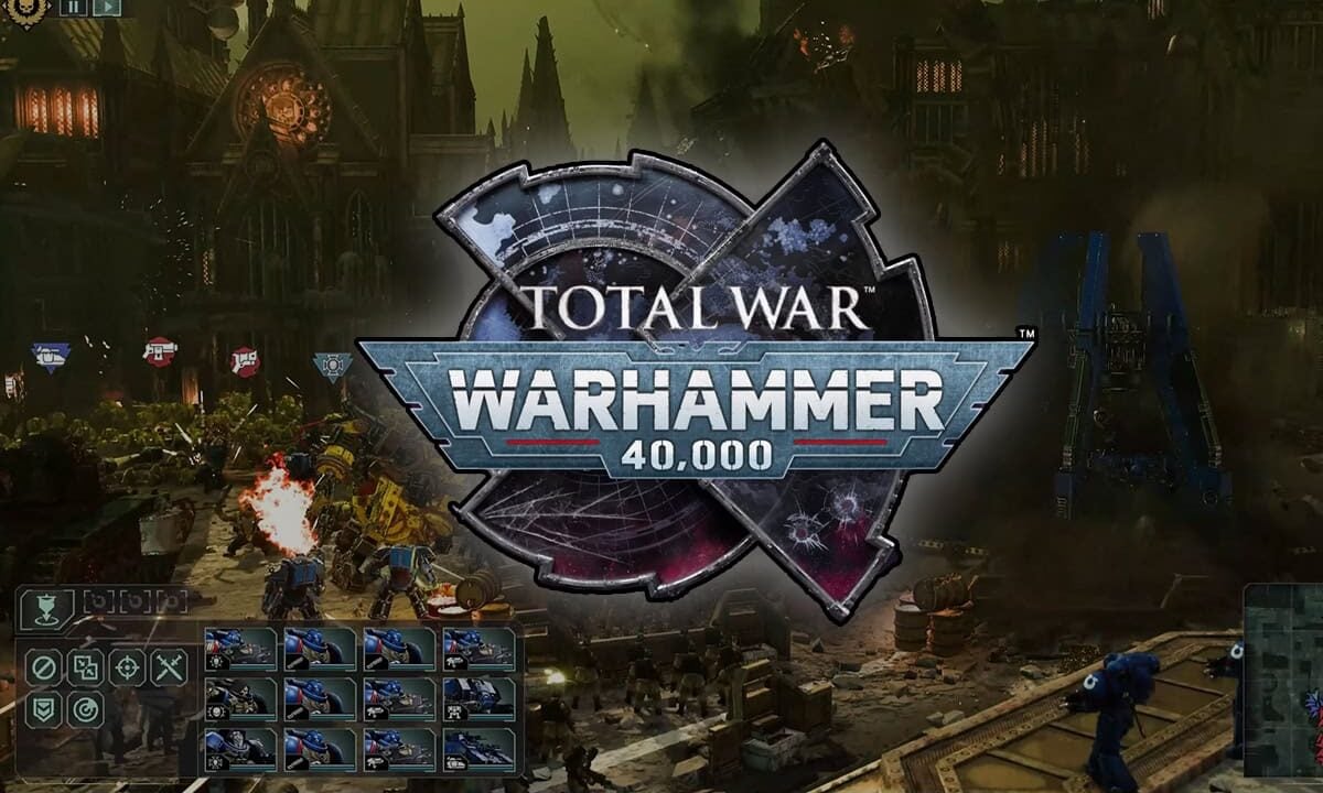 total war 40k logo with gameplay in back ground