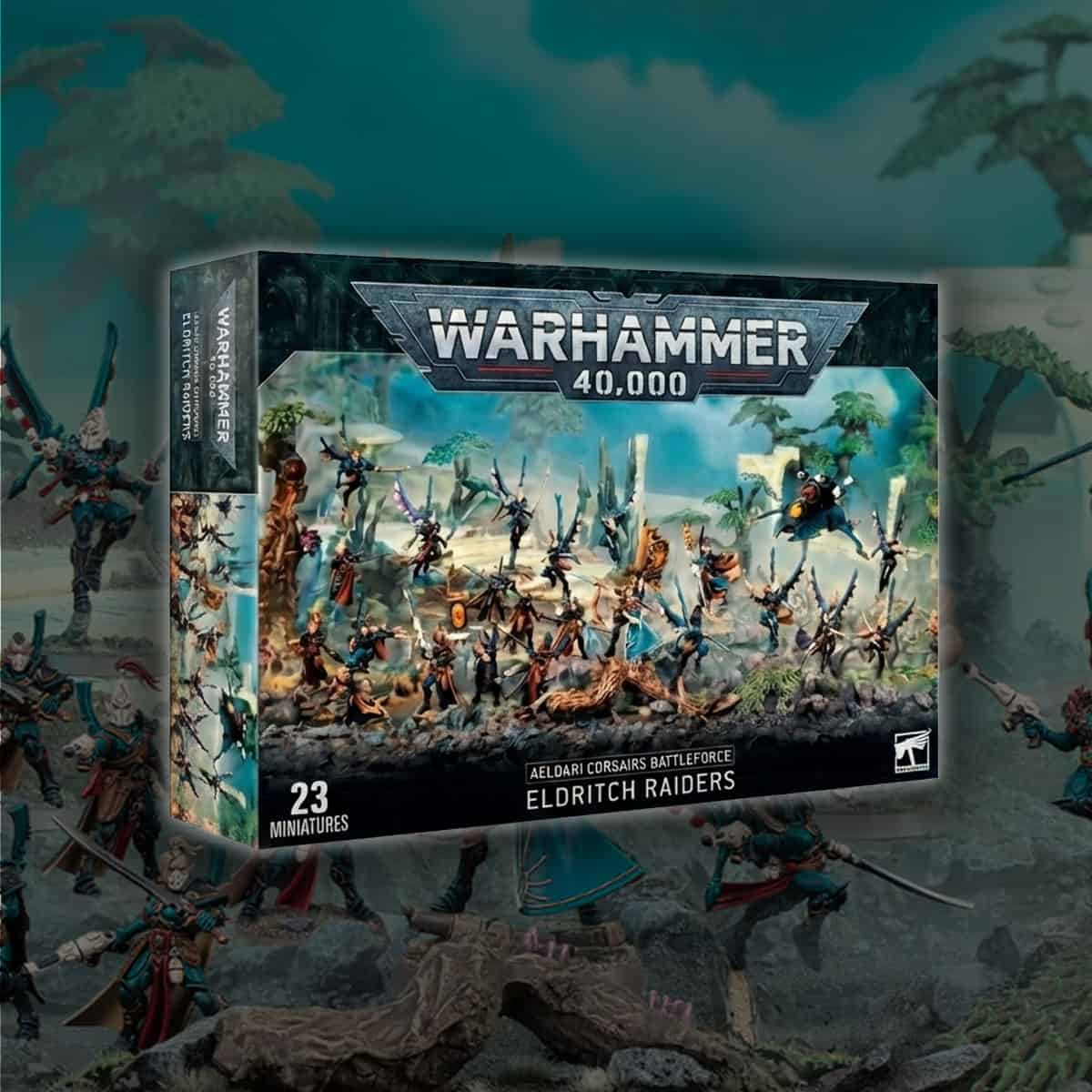 40k Aeldari Corsairs Eldritch Raiders Battleforce Box review product show with painted images in background