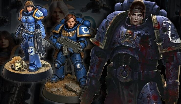 Female Space Marines lore and miniatures in warahmmer 40k artwork and custom painted models by hobbyists