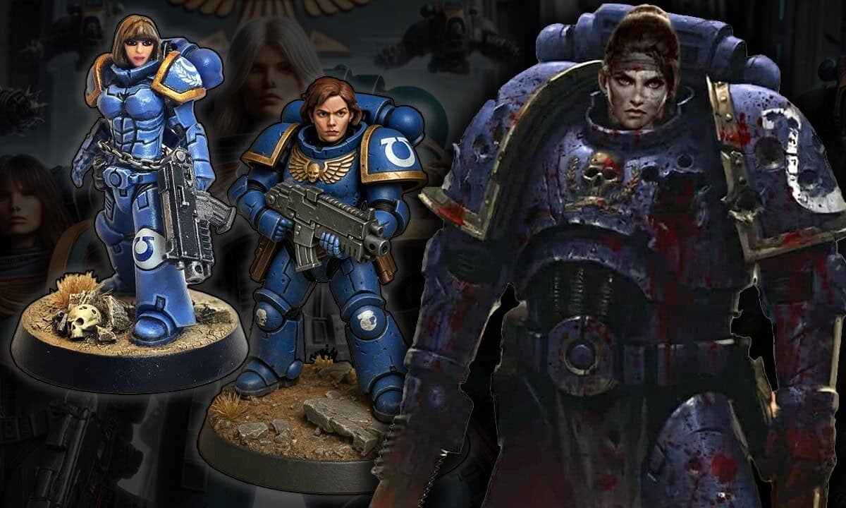 Female Space Marines lore and miniatures in warahmmer 40k artwork and custom painted models by hobbyists