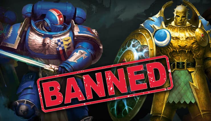games workshop banned ai space marine and stormcast art with banner letters over it