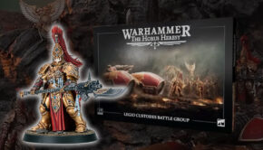 new adeptus custodes legio battle group product shots and box set with painted models in background warhammer 40k horus heresy