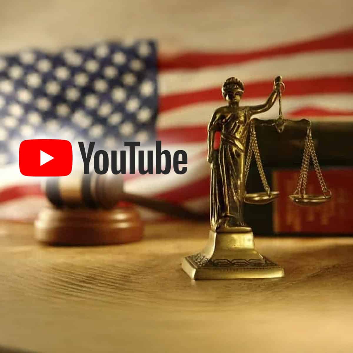 youtube logo with scales of justice and american flag in background with juges gavel