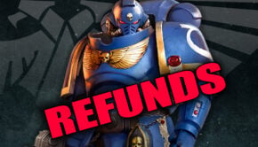 Games workshop space marine art with galaxy background and red refunded text in foreground