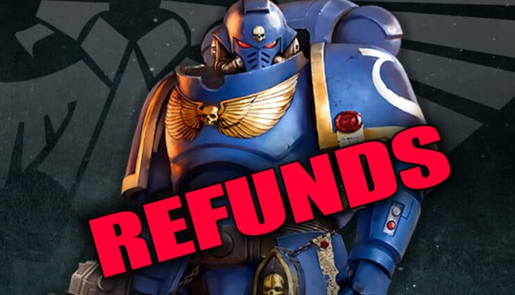 Games workshop space marine art with galaxy background and red refunded text in foreground