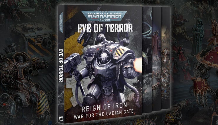 eye of terror books warhammer 40k campaign product shots with painted models in background