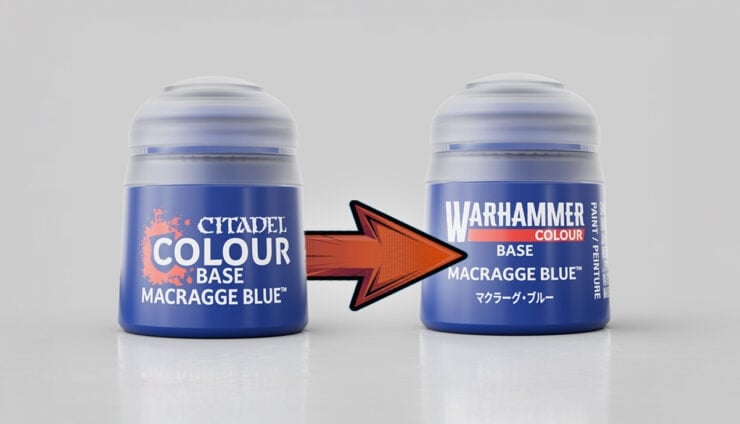 Warhammer color is the new name for citadel paints, two pots old and new with red arrow painting to new
