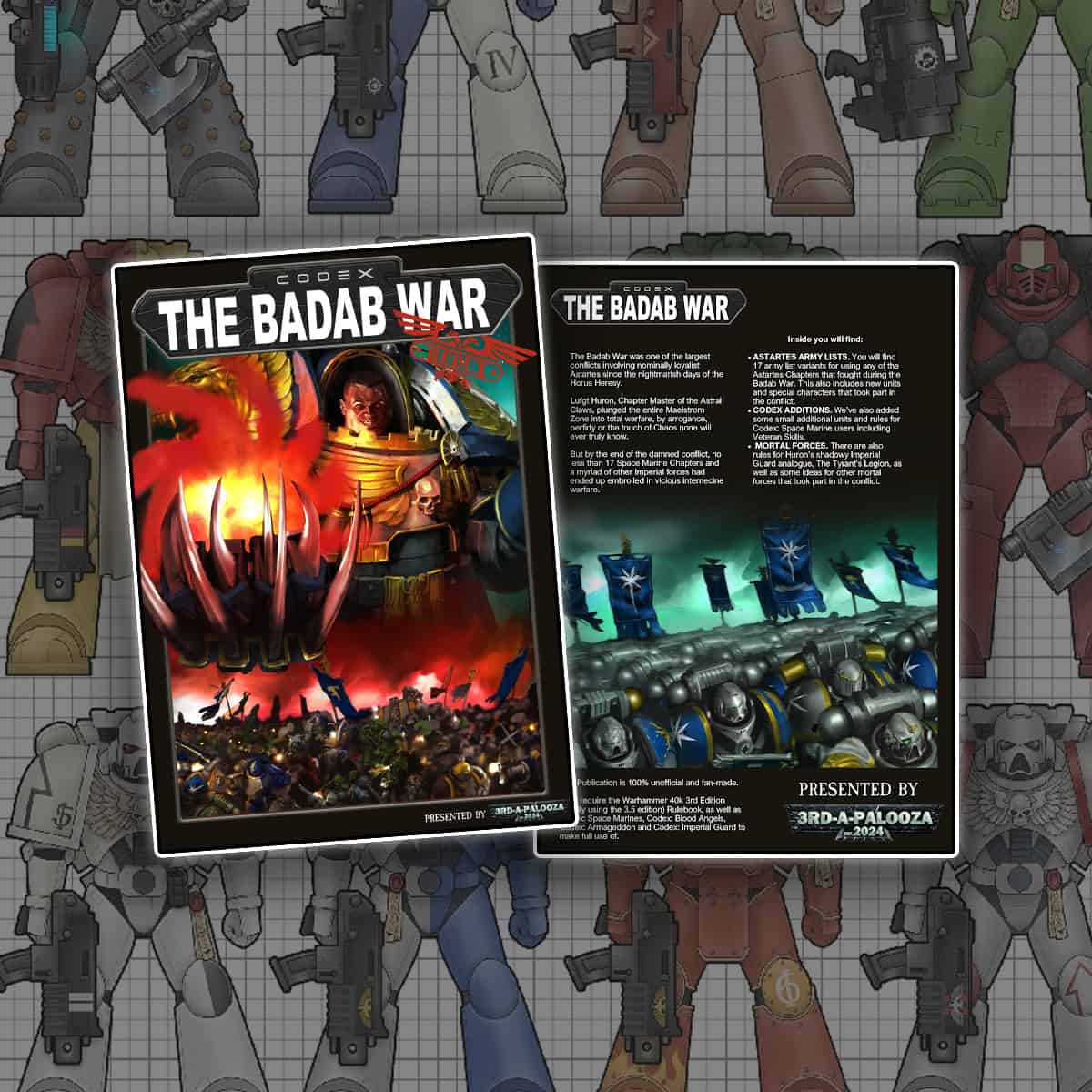 Badab War codex art cover and chapters space marines in background that participated warhammer 40k