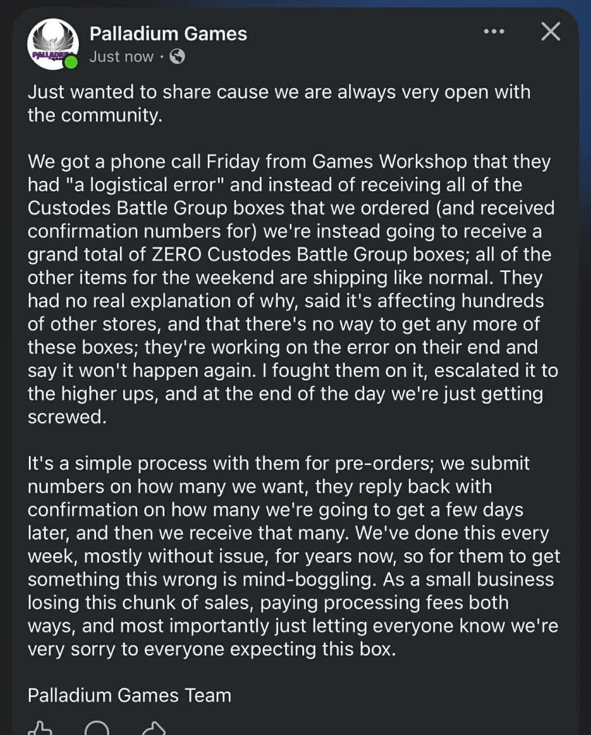 Palladium Games Statement