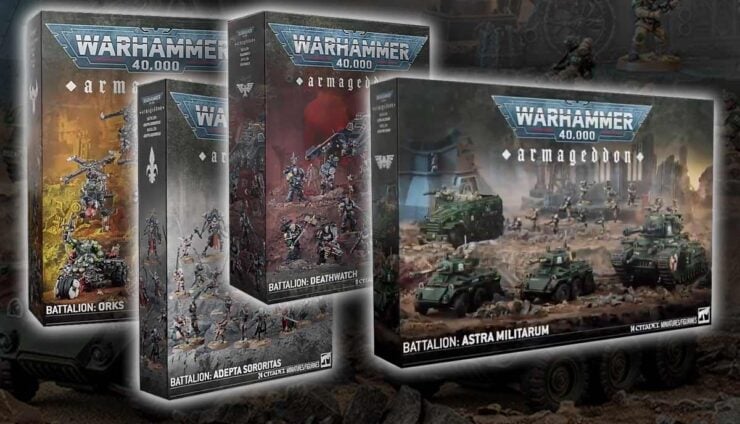 armageddon battatlions box images with painted models in background warhammer 40k
