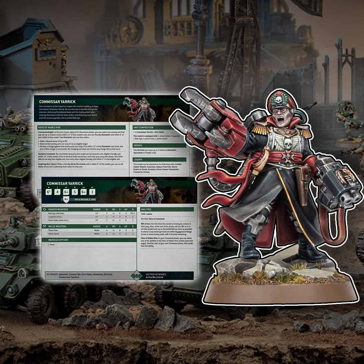 commissar yarrick new model and rules pictured painted model with armageddon background