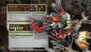 wazdakka gustmek model an rules warhammer 40k painted orks in background