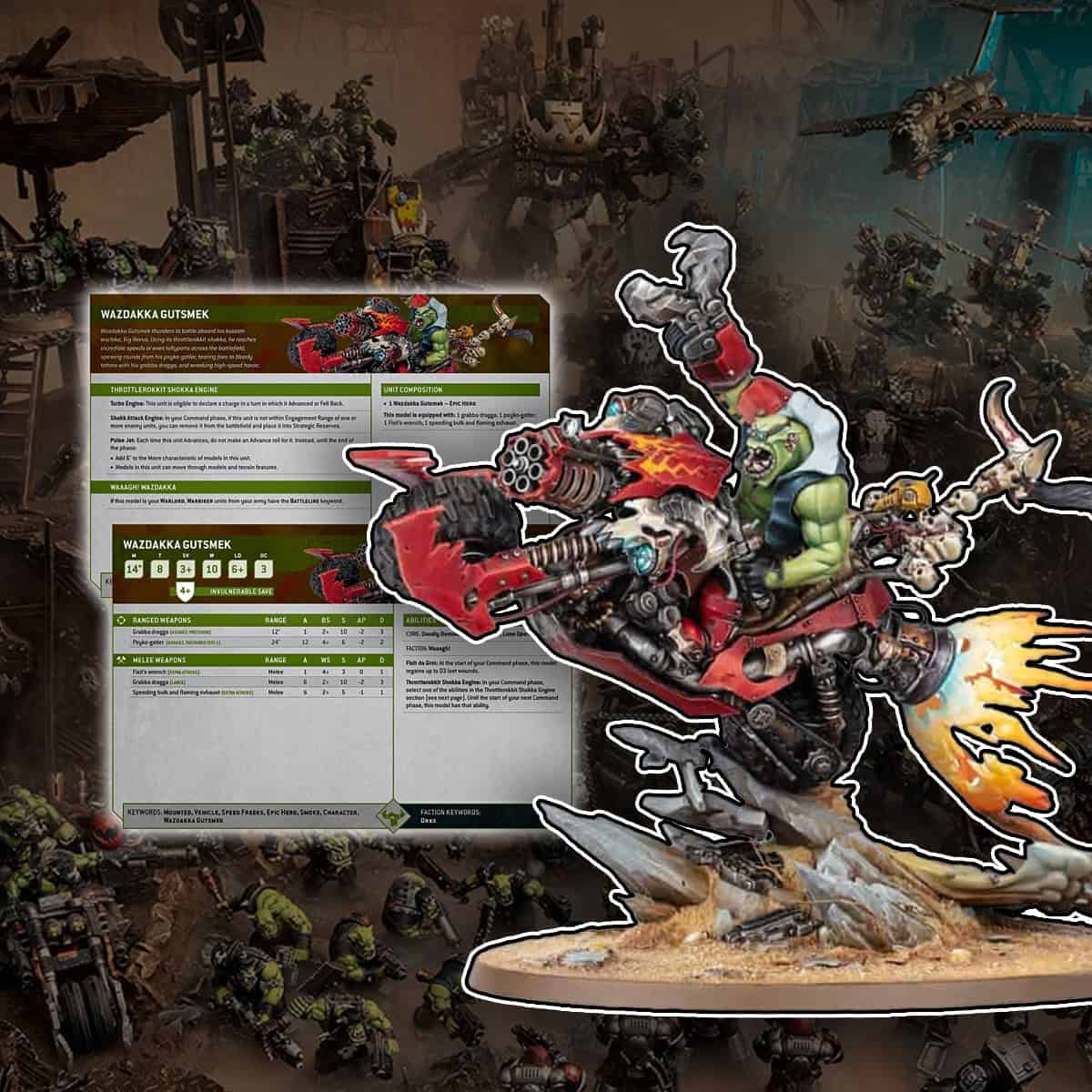 wazdakka gustmek model an rules warhammer 40k painted orks in background