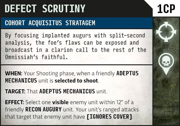 Defect Scrutiny stratagem datasheet card for the Cohort Acquisitus detachment