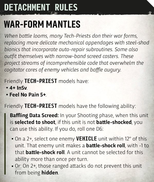 Lords of the Forge detachment rule and Tech-Priest Feel No Pain datasheet card