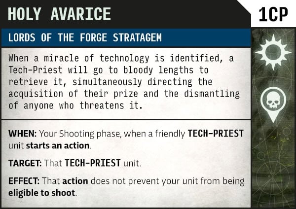 Holy Avarice enhancement datasheet card for Lords of the Forge Tech-Priests
