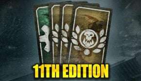 Collection of Warhammer 40K 11th Edition trading cards featuring faction symbols and artwork, ideal for tabletop gaming and card collectors.
