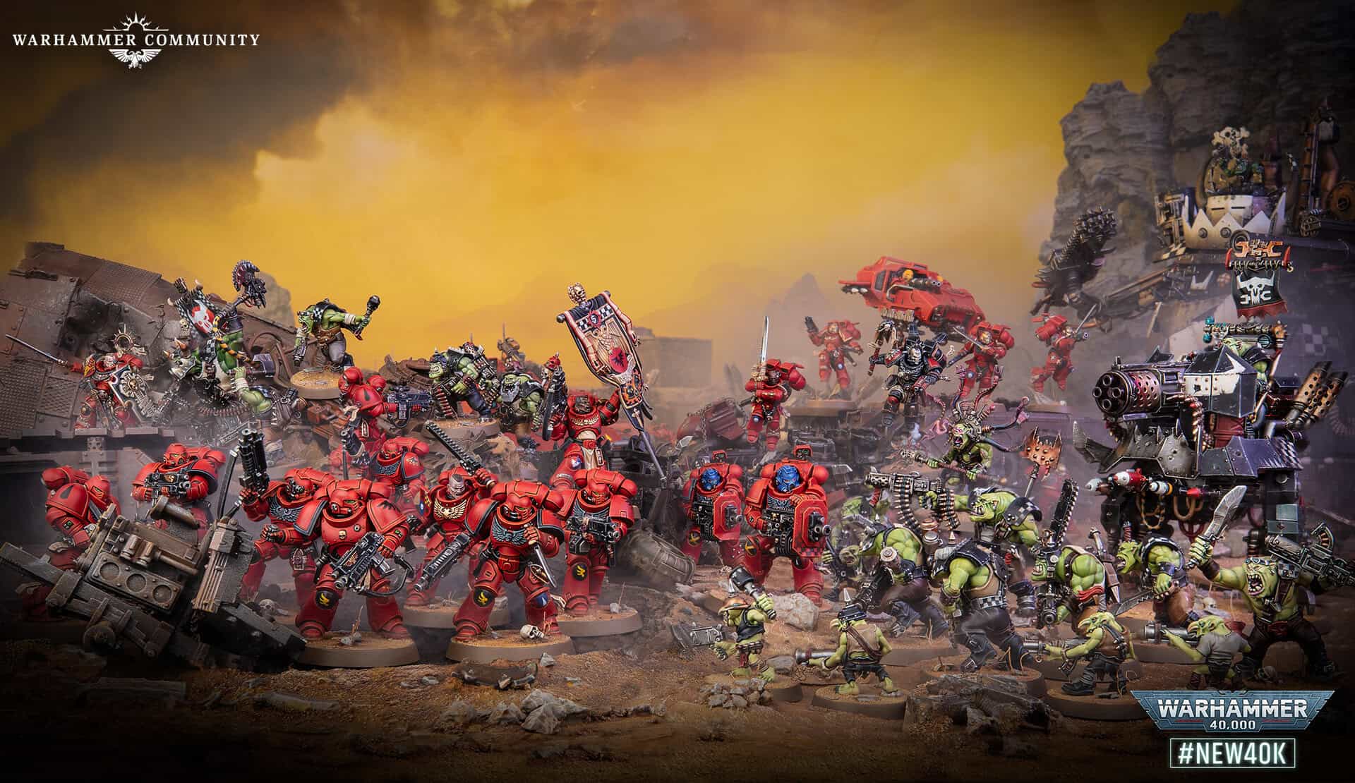 Warhammer 40k 11th Edition battlefield terrain shot with Space Marines and Orks deployed