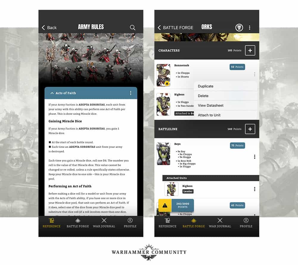 Warhammer 40,000 app opponent army list sync screenshot