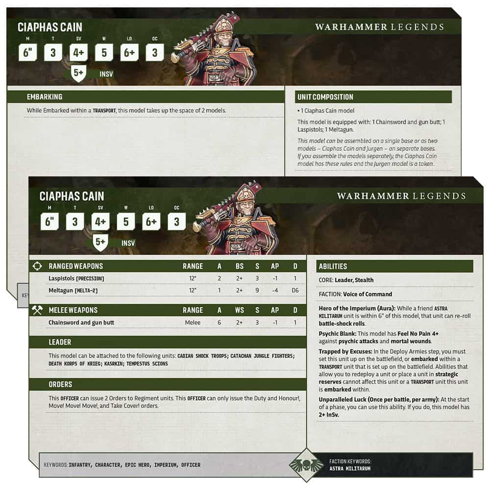 Ciaphas Cain and Jurgen 40k rules card datasheet from the Astra Militarum Faction Pack