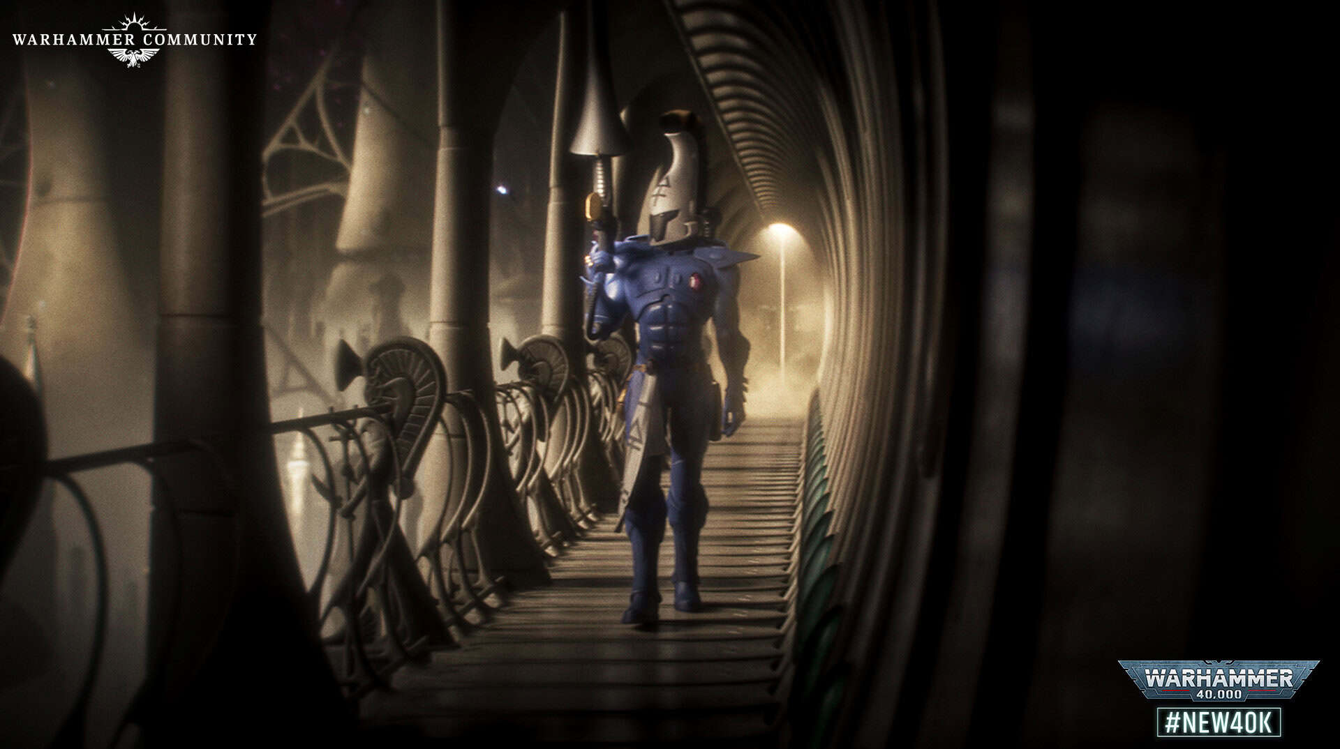 Aeldari Dire Avenger on a Craftworld in the Warhammer 40k 11th Edition trailer