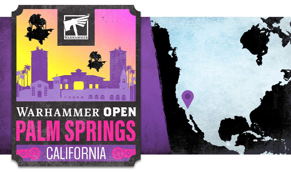 Warhammer Open Palm Springs event badge and map