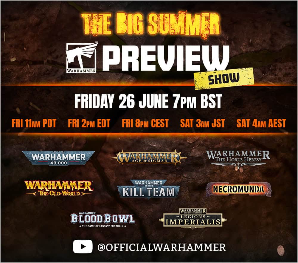 Warhammer Summer Preview 2026 schedule graphic with date and channels