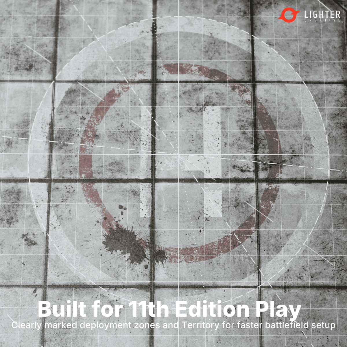 Lighter Creative 11th Edition 40k battle mat gameplay with deployment zones