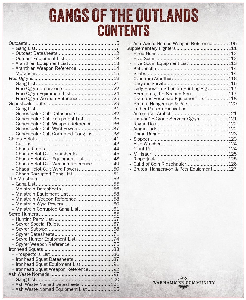 Necromunda Gangs of the Outlands book contents
