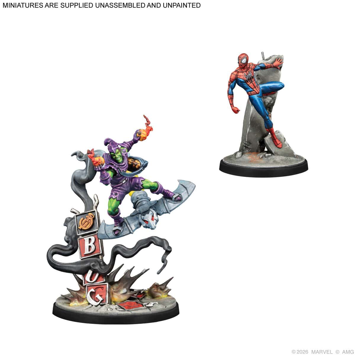 Marvel Crisis Protocol Alliances Night of the Goblin Green Goblin and Spider-Man sample miniatures