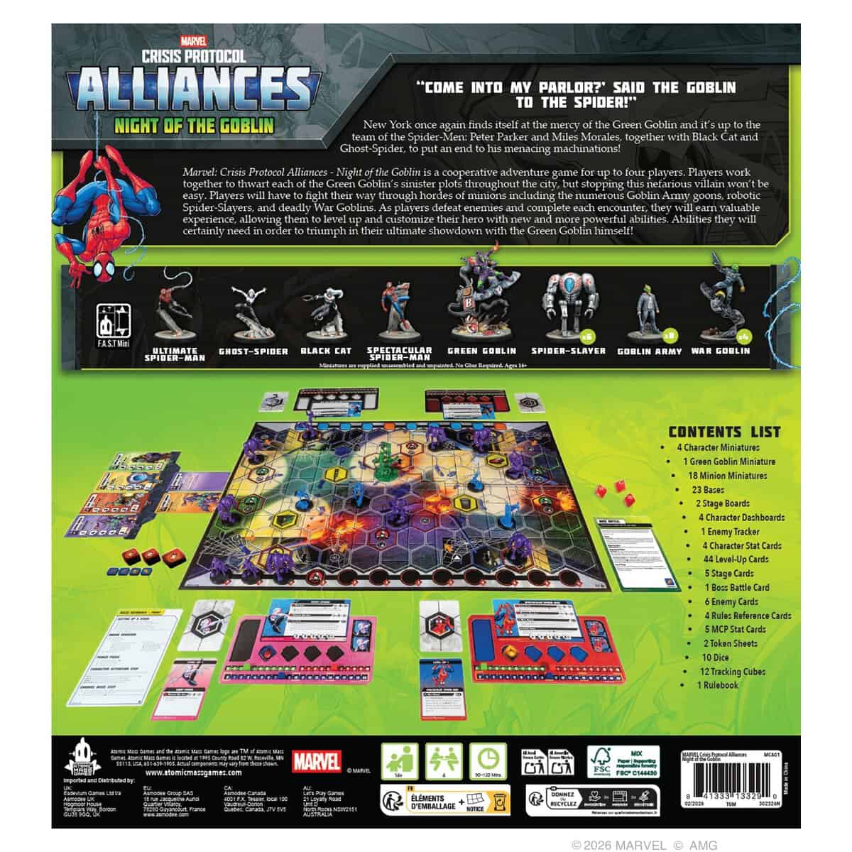 Marvel Crisis Protocol Alliances Night of the Goblin back of box showing contents and miniatures