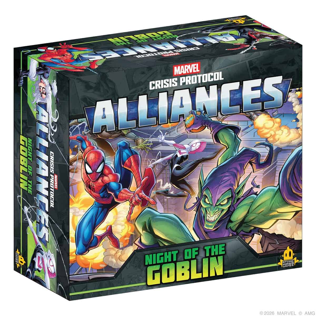 Marvel Crisis Protocol Alliances Night of the Goblin front of box art with Spider-Man and Green Goblin