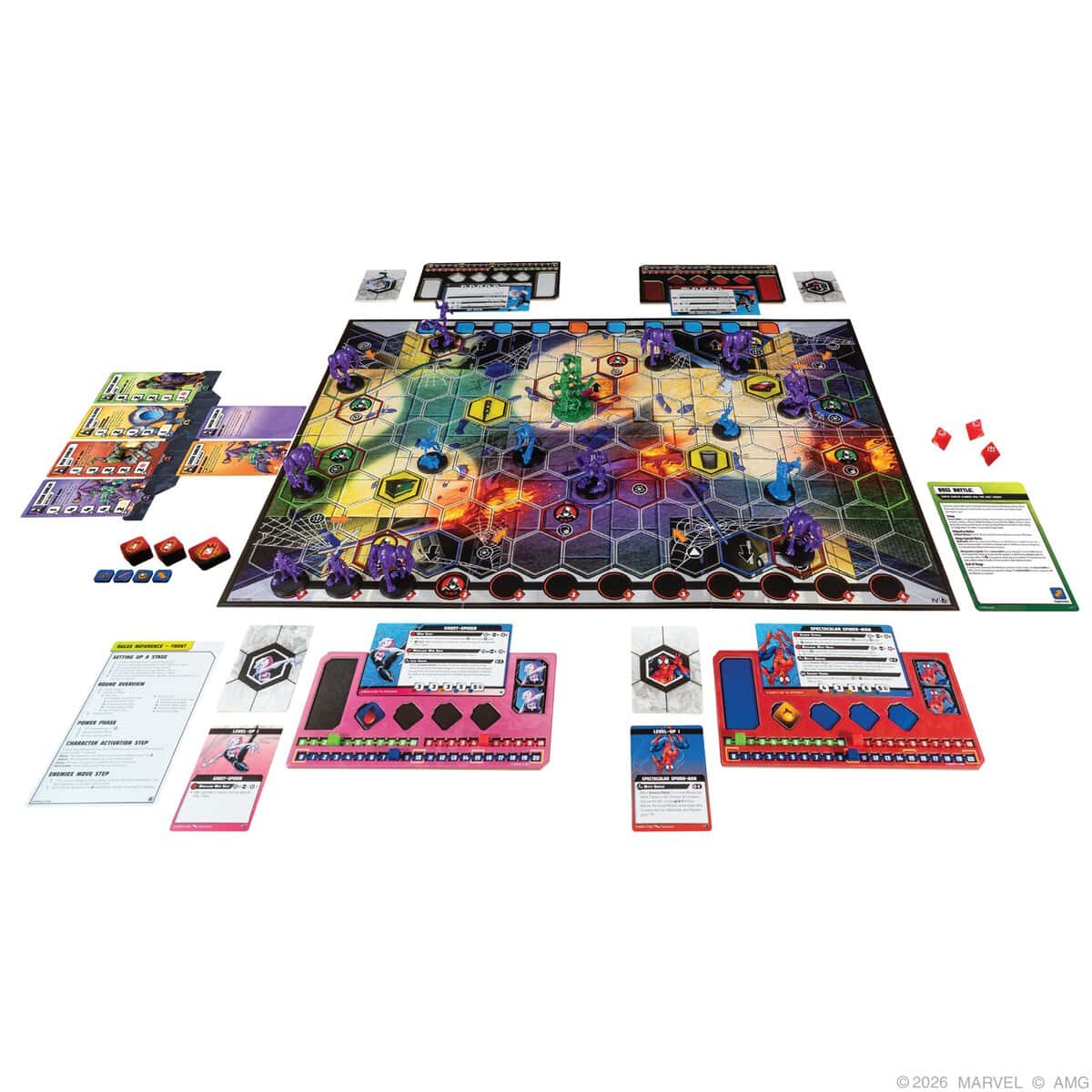 Marvel Crisis Protocol Alliances Night of the Goblin game setup with hex board, character cards, and dice