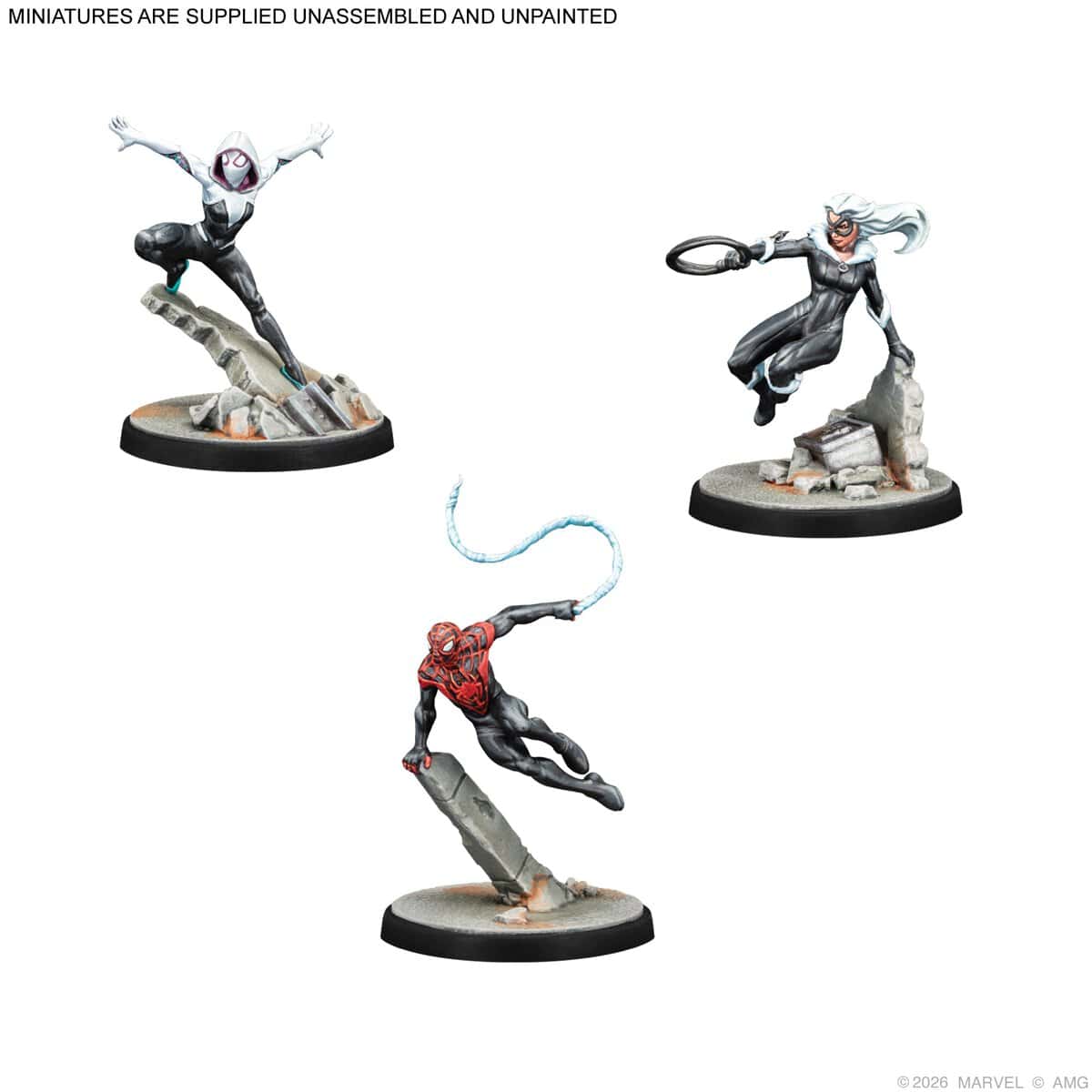 Marvel Crisis Protocol Alliances Night of the Goblin hero miniatures Ghost-Spider, Black Cat, and Spider-Man