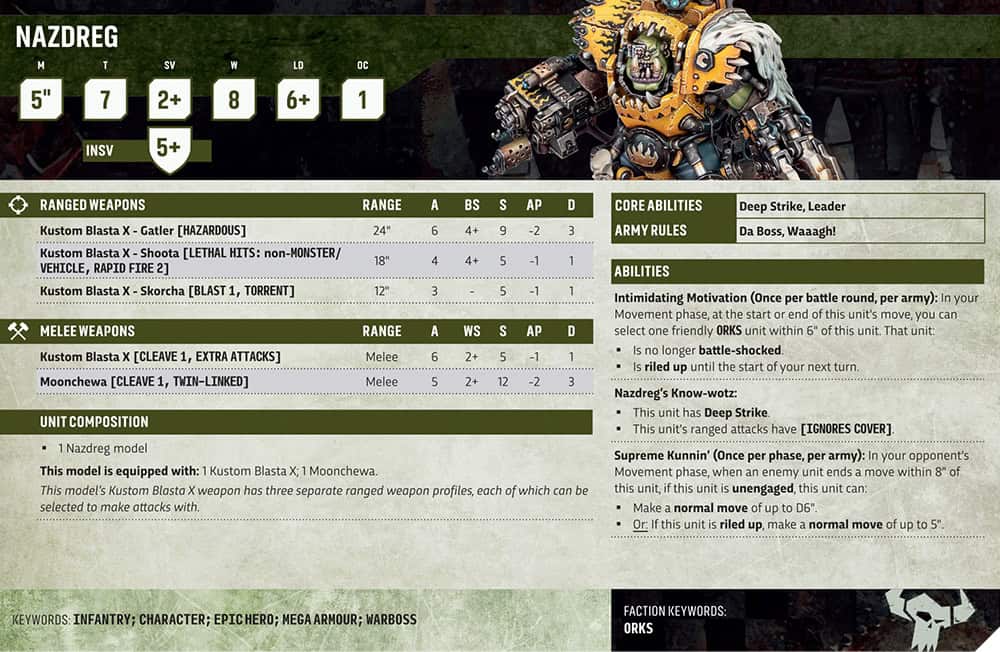 Nazdreg back banner with Bad Moon glyphs on the new 40k model