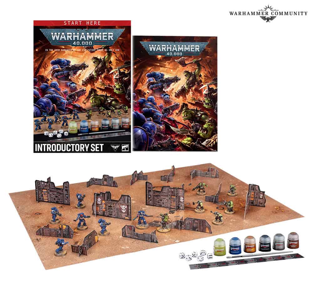 Warhammer 40,000 Introductory Set with Space Marines and Orks miniatures and paints