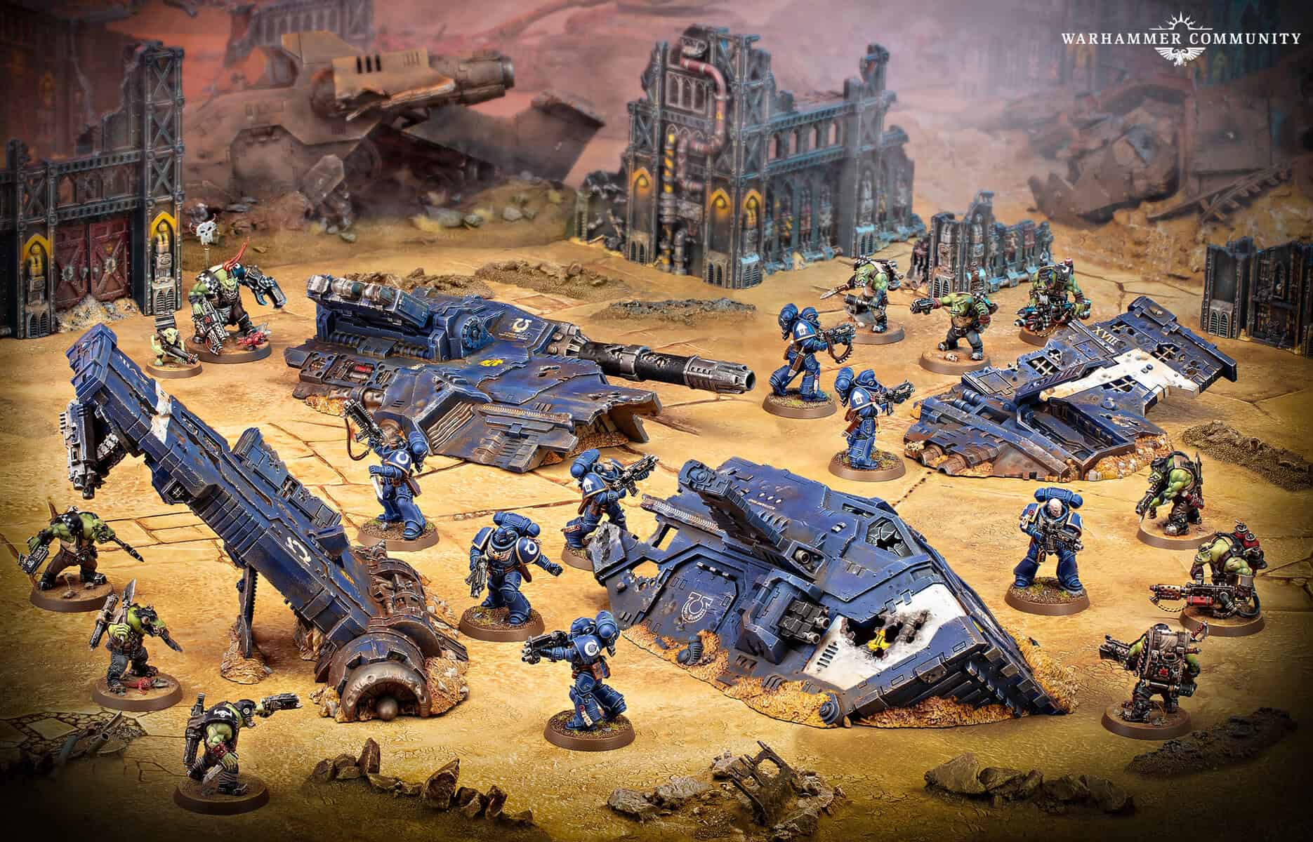 Chapter-agnostic Warhammer 40k Thunderhawk wreck painted as terrain