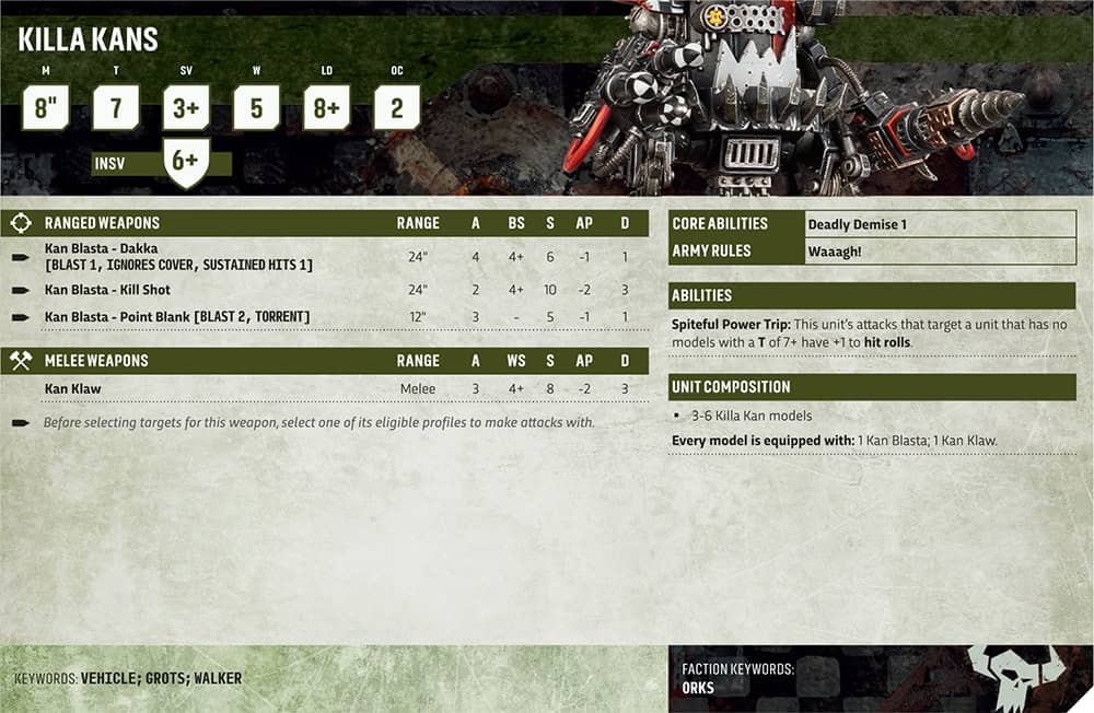 New Killa Kans datasheet with consolidated weapon profiles for the Warhammer 40k Ork Codex