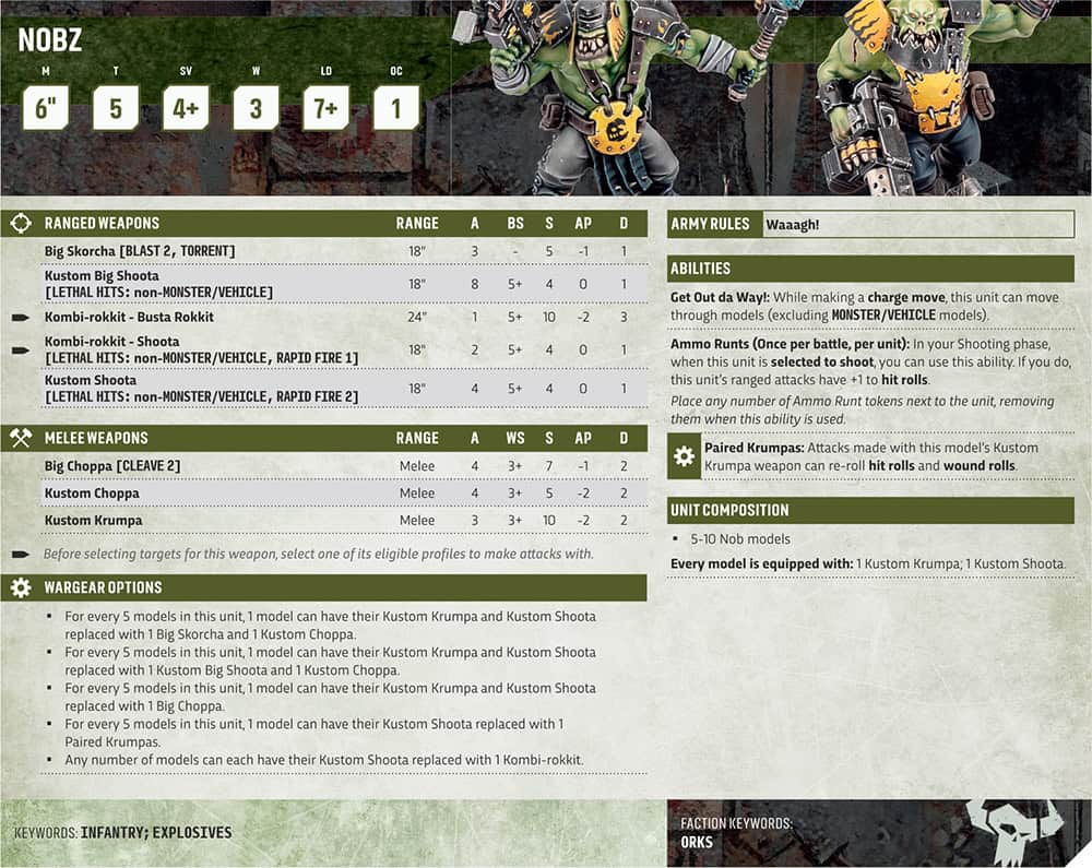 New Ork Nobz datasheet with kustom krumpas for the Warhammer 40k Ork Codex