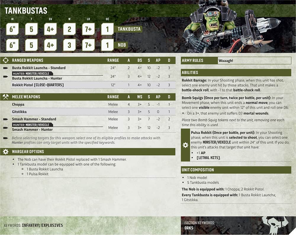 New Ork Tankbustas datasheet with Hunter weapon profile for the Warhammer 40k Ork Codex