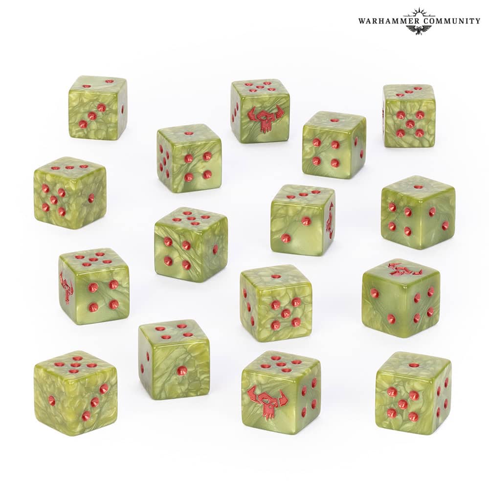 Orks dice set in mottled green plastic with red pips