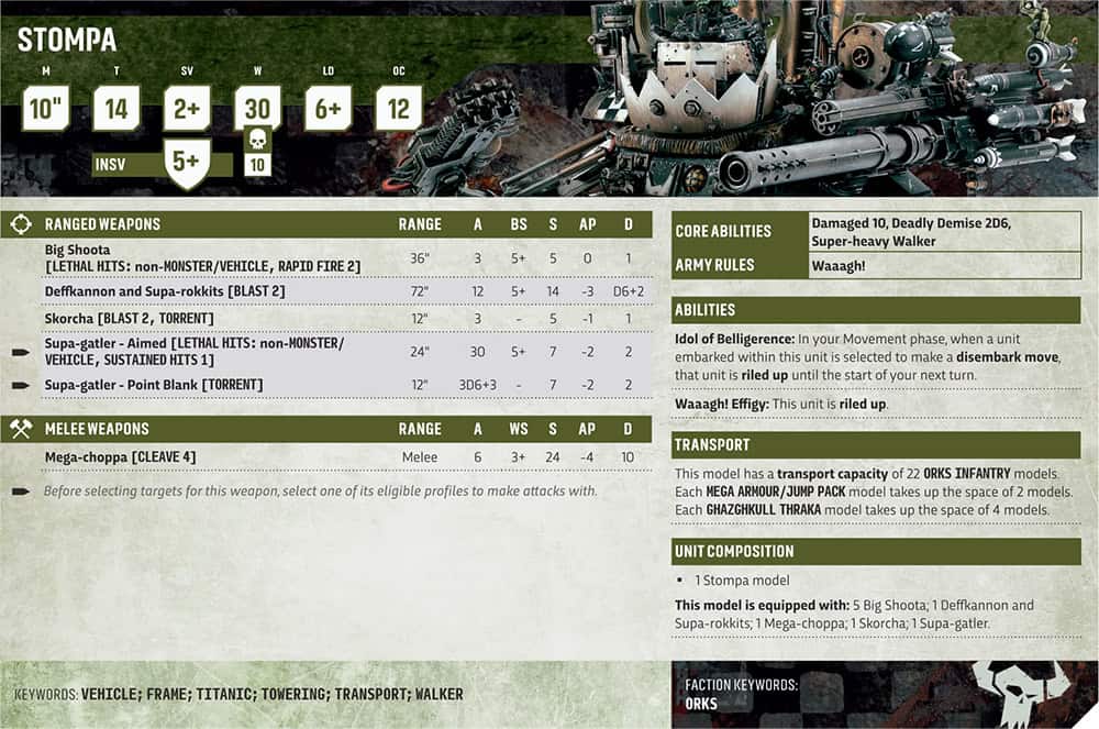 Stompa datasheet card showing the model permanently riled up in Codex Orks