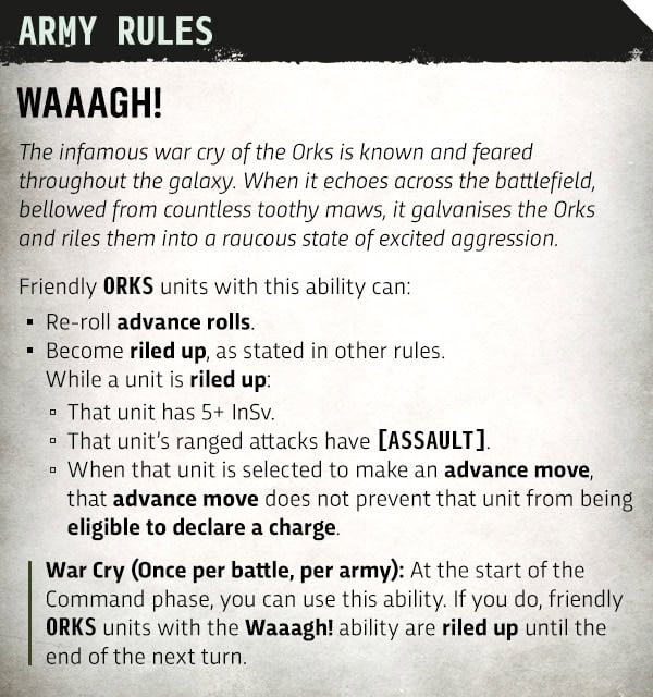 Waaagh army rule card showing the riled up status for Codex Orks