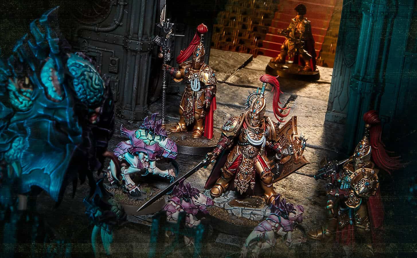 Adeptus Custodes Custodian in golden armor, feature art for the new codex army rules