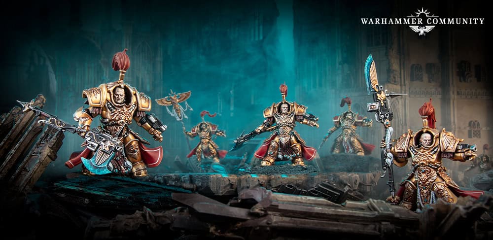 Adeptus Custodes Shield-Captains and Custodians in gold armor with red cloaks, staying in the new Codex